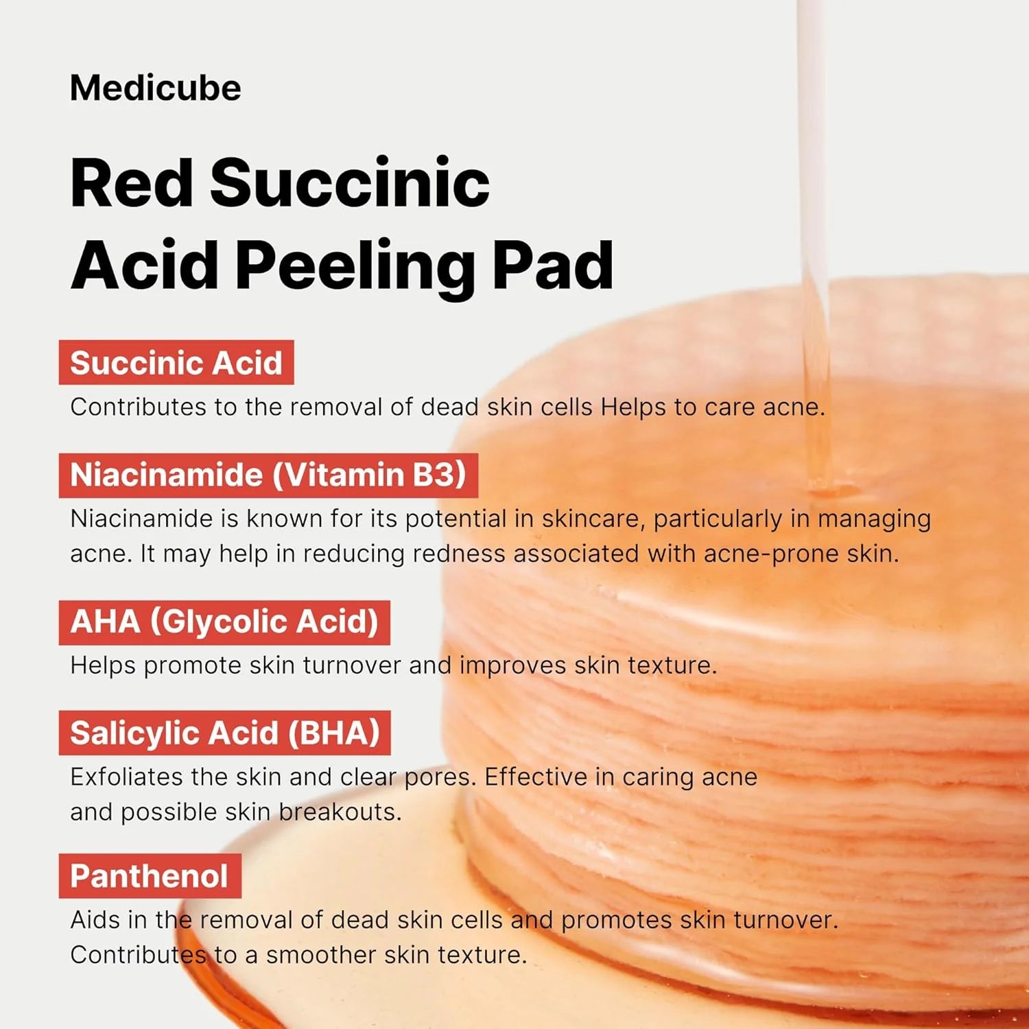 medicube Red Succinic Acid Peeling Pad [US, Japan, Germany, India, UK, Uae, France, Italy, Brazil, Canada, Russia, South Africa, Australia, Kuwait, Mexico, Indonesia, Netherlands, Saudi Arabia, UKRAIN, Finland, POLAND, Singapore, Malaysia ]