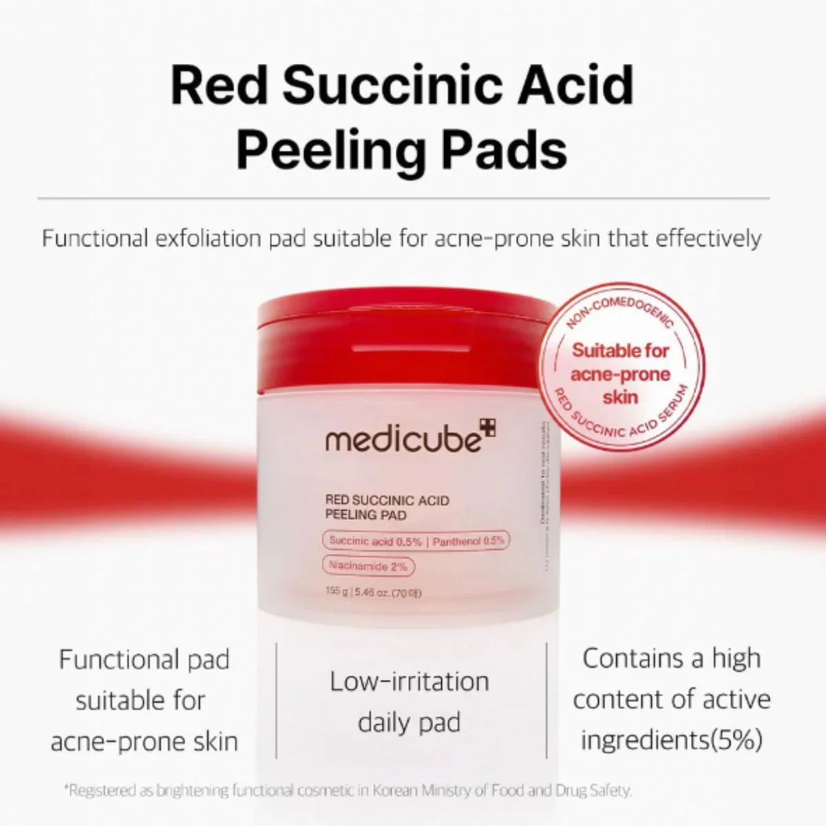 medicube Red Succinic Acid Peeling Pad [US, Japan, Germany, India, UK, Uae, France, Italy, Brazil, Canada, Russia, South Africa, Australia, Kuwait, Mexico, Indonesia, Netherlands, Saudi Arabia, UKRAIN, Finland, POLAND, Singapore, Malaysia ]
