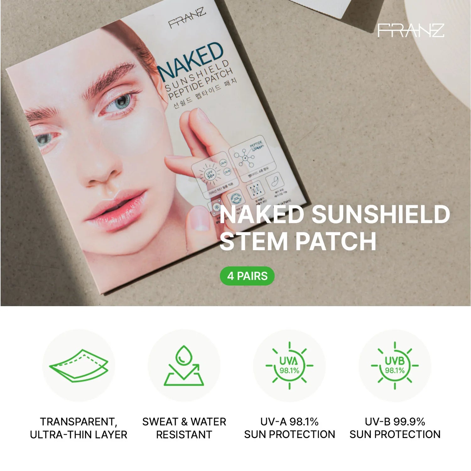 FRANZ NAKED Sunshield Peptide Patch 4 pairs [US, Japan, Germany, India, UK, Uae, France, Italy, Brazil, Canada, Russia, South Africa, Australia, Kuwait, Mexico, Indonesia, Netherlands, Saudi Arabia, UKRAIN, Finland, POLAND, Singapore, Malaysia ]