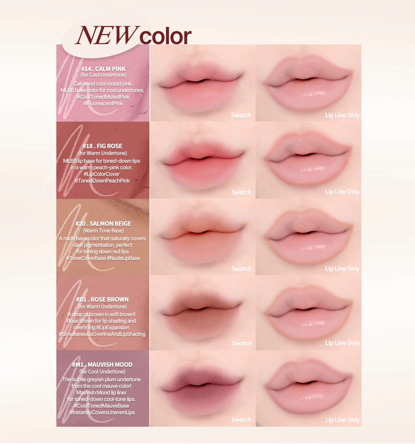 Lip color swatches with text indicating new color options on a light pink background.