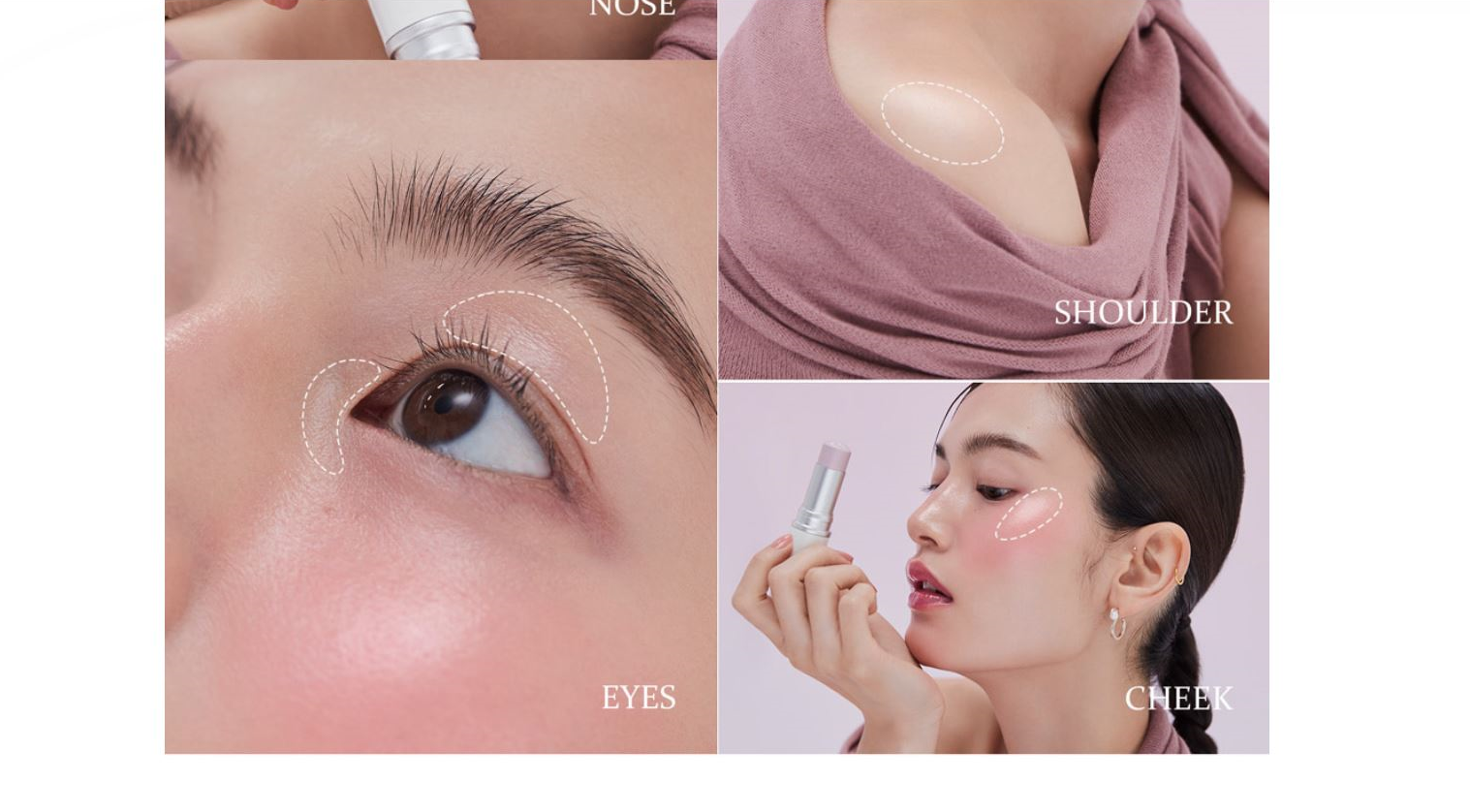 Collage of a woman applying skincare product to her face with close-up shots of the product on different parts of her face.