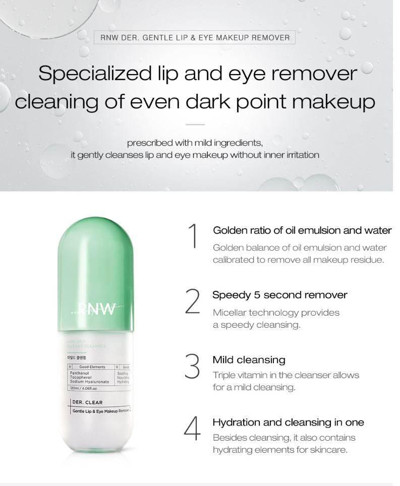 RNW DER. CLEAR Gentle Lip & Eye Makeup Remover 120ml [US, Japan, Germany, India, UK, Uae, France, Italy, Brazil, Canada, Russia, South Africa, Australia, Kuwait, Mexico, Indonesia, Netherlands, Saudi Arabia, UKRAIN, Finland, POLAND, Singapore, Malaysia ]