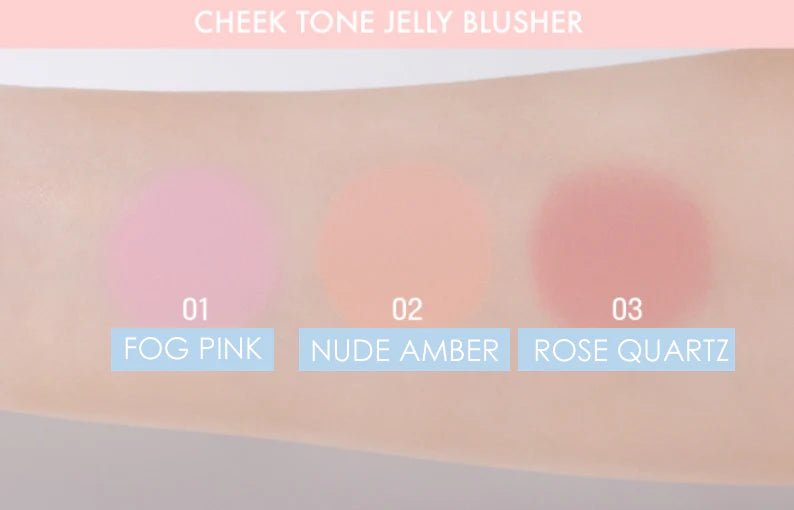 Cheek tone jelly blusher swatches on a skin-like background with labels for 'Fog Pink', 'Nude Amber', and 'Rose Quartz'.