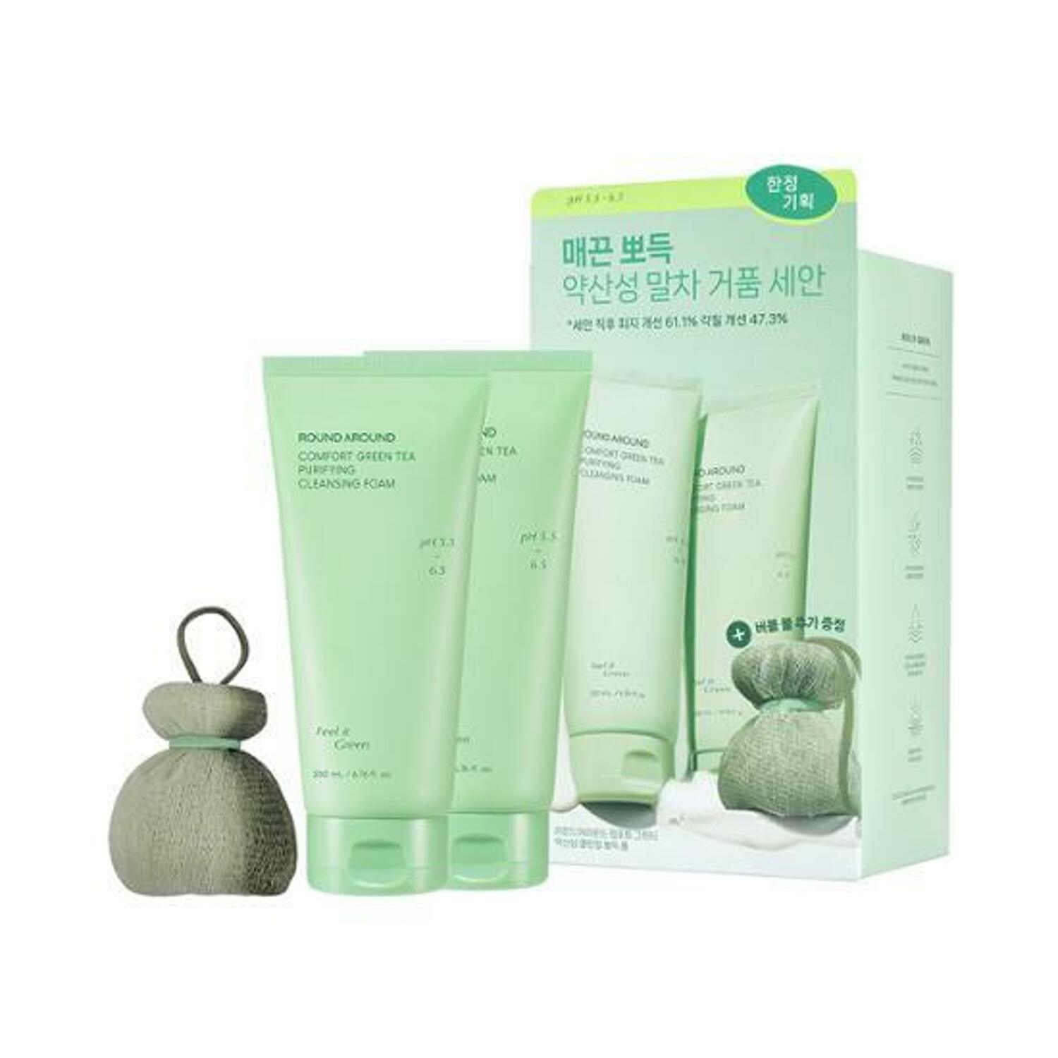 ROUND AROUND Comfort Green Tea Purifying Cleansing Foam 200ml+200ml+Matcha Bubble Ball (Double SET) (Copy) - KimYoung K-beauty Shop