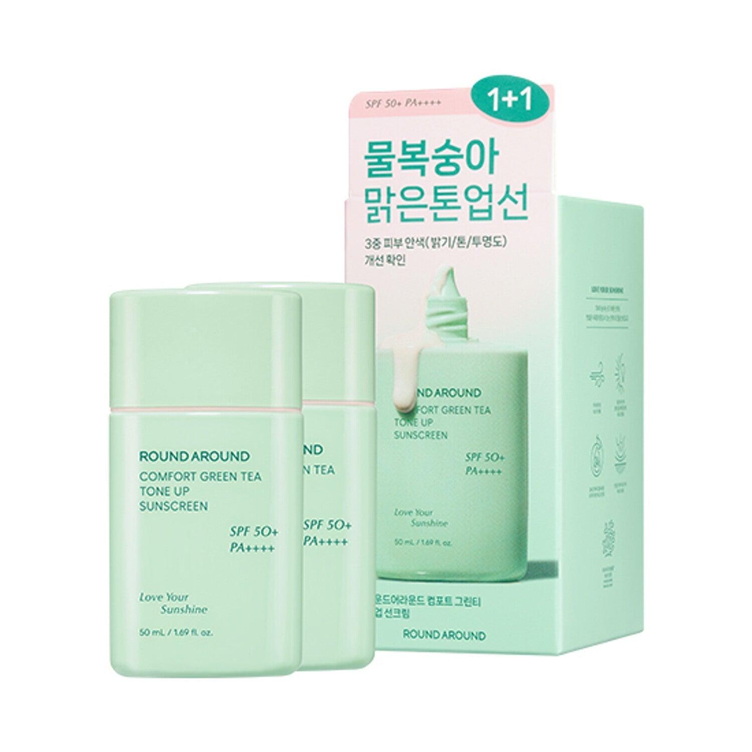 ROUND AROUND Comfort Green Tea Tone Up Sunscreen SFP50+ PA++++ 50ml+50ml (Double SET) (Copy) - KimYoung K-beauty Shop